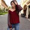 Anna-Kaci Women's Boho Waffle Knit Surplice Top with Patterned Long Sleeves - Medium, Burgundy - 3 of 4