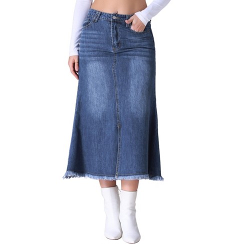 Inspire Chic Women s Denim High Waisted A line Fishtail Hem Long Jean Skirt Dark Blue Small Target