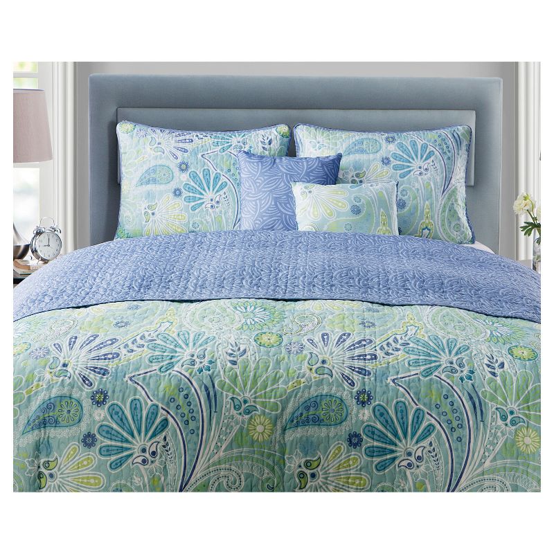 Queen Harmony Reversible Paisley Quilt Set Blue - VCNY, 3 of 10