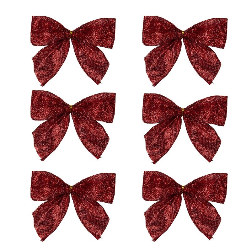 Northlight Pack of 6 Red Glittered 2 Loop Christmas Bow Decorations 5.5", 1 of 5