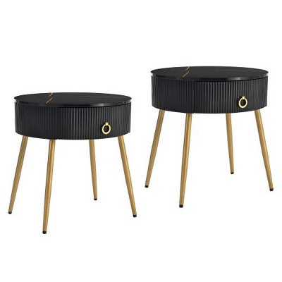 SYFERLORY ON-TREND Φ19.6'' Easy Assembly End Tables with High Gloss Faux Marble Tabletops, Set of 2, Black