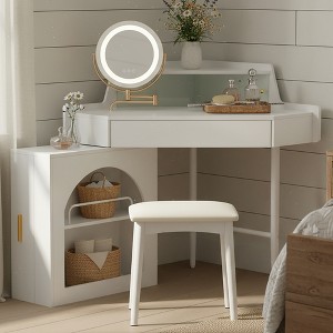 Corner Makeup Vanity Set with Stool Compact Vanity Desk Dressing Table with 360° Lighted Mirror, Drawer and Storage Cabinet, Walnut/White-ModernLuxe - 1 of 4