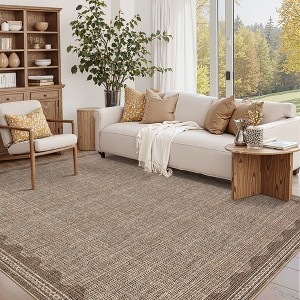 Modern Washable Area Rug for Living Room, Bordered Print Floor Rug with Non Slip Backing, Low Pile Stain Resistant Indoor Carpet for Bedroom - 1 of 4