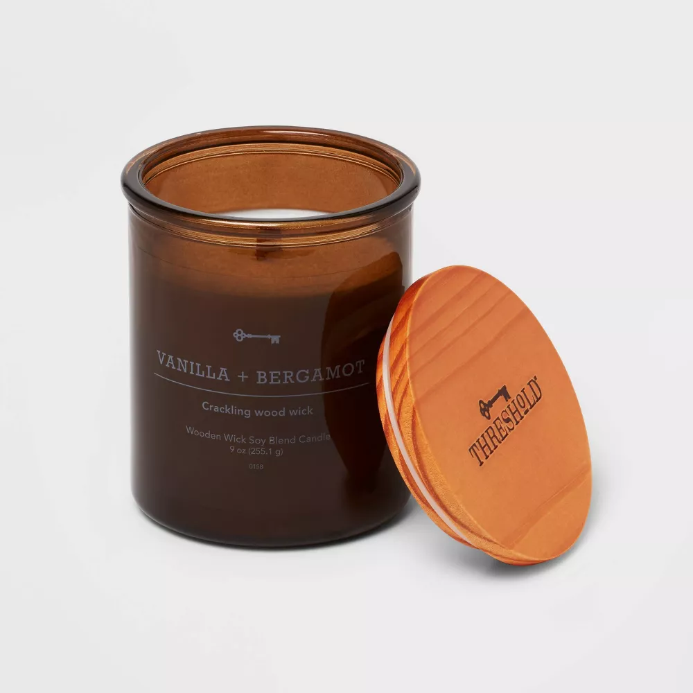 Threshold 9oz Lidded Glass Jar Crackling Wooden Wick Candle Vanilla & Bergamot  Threshold™