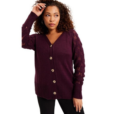 June + Vie by Roaman's Women's Plus Size Openwork Cardigan, 26/28 - Dark  Berry