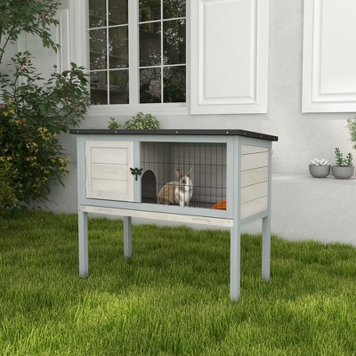 Gray and Black Elevated Fir Wood Guinea Pig Hutch with Hinged Roof