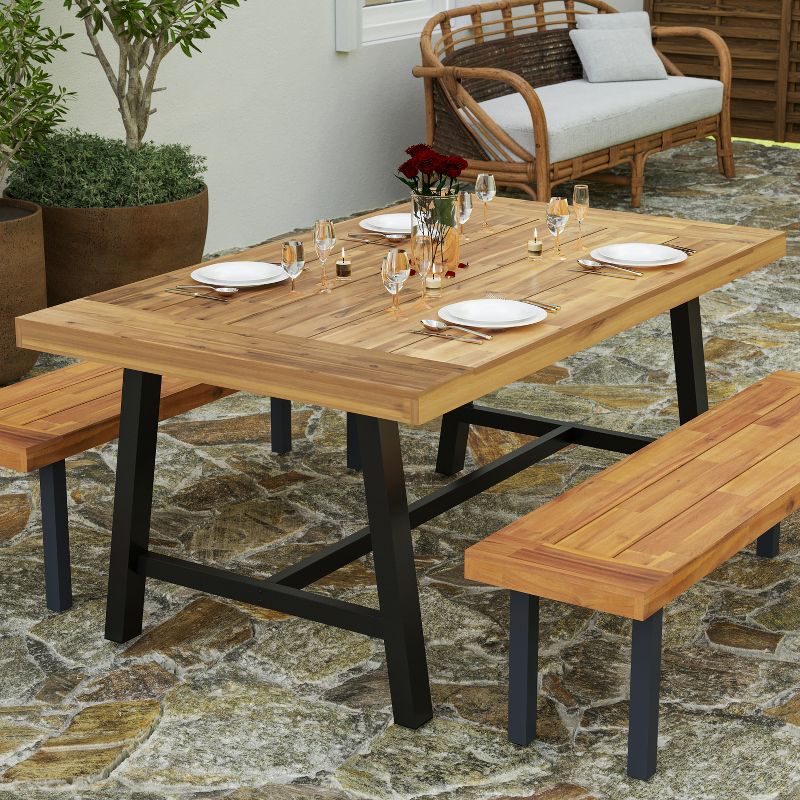 Merrick Lane Solid Acacia Wood Dining Table in a Natural Finish with Black Metal Legs for Indoor and Outdoor Use, 3 of 11