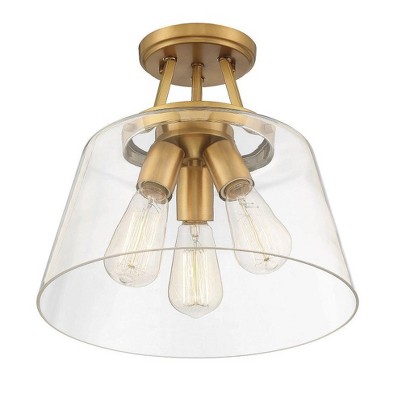 Calhoun Collection Warm Brass 3-Light Semi-Flush Mount with Clear Glass