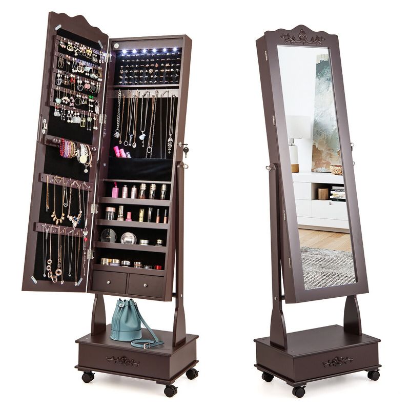 Tangkula Rolling Jewelry Cabinet Armoire Full Length LED Mirror Lockable w/ Drawer, 1 of 11