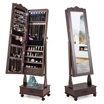 Tangkula Rolling Jewelry Cabinet Armoire Full Length LED Mirror Lockable w/ Drawer