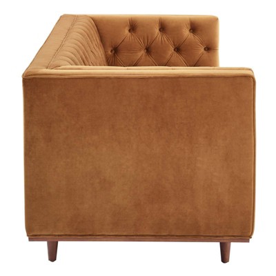 Cognac Tufted Faux Leather Sofa with Track Arm and Wood Frame