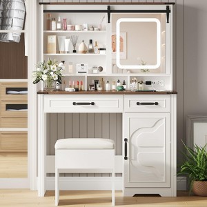 White Makeup Vanity Desk with Sliding Mirror, Lights, Charging Station & Cushioned Stool - 1 of 4