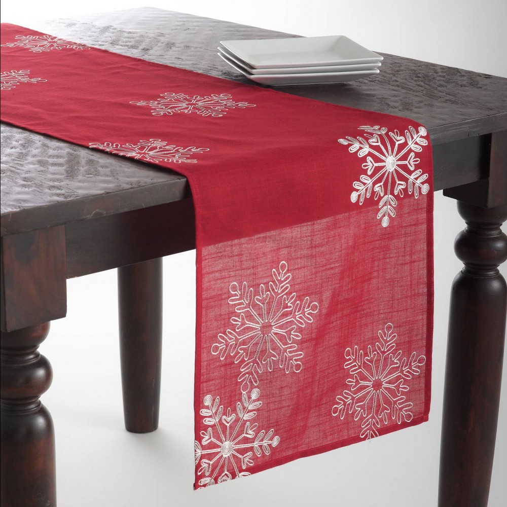 Photos - Tablecloth / Napkin 16"x90" Snowflake Design Runner Red - Saro Lifestyle