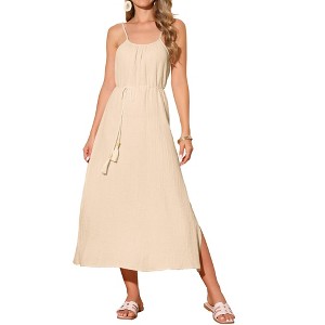 INSPIRE CHIC Women's Summer Linen Tie Waist Spaghetti Strap Cami Beach Maxi Sundress - 1 of 4