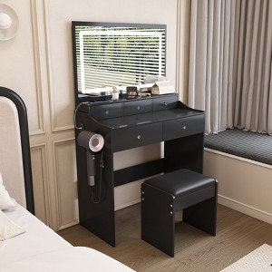 Hrinhom 31.5"W New Large Mirror Modern Makeup Vanity Set with Power Outlet and Hair dryer holder-Black - 1 of 4