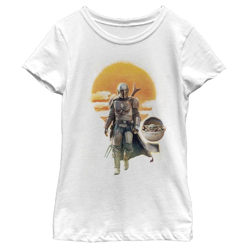 Girl's Star Wars The Mandalorian The Child and Mando Walking Sunset T-Shirt, 1 of 5