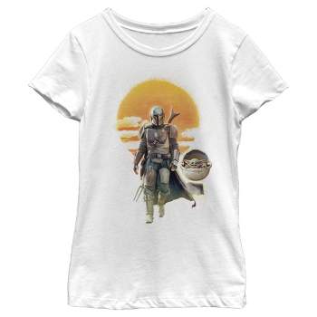 Girl's Star Wars The Mandalorian The Child and Mando Walking Sunset T-Shirt