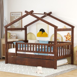 Twin Size Wooden House Bed with Twin Size Trundle, Children House Bed with Spacious Storage and Headboard, Bed with Wood Frame-Baofuwish - 1 of 4