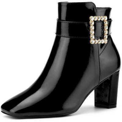 BLISSFUL STEP Women's Square Toe Chunky Heel Rhinestone Buckle Decor Ankle Boots
