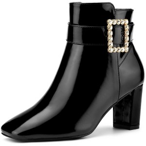 BLISSFUL STEP Women's Square Toe Chunky Heel Rhinestone Buckle Decor Ankle Boots - 1 of 4
