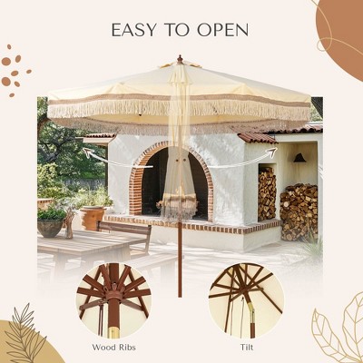 Butter Twisted Root Beige 9' Patio Umbrella with Cotton Fringe