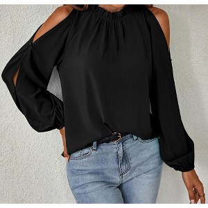 Women's Cold Shoulder Blouse Ruffle Neckline Long Sleeve Top Elegant Casual Shirt - 1 of 4