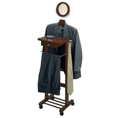 Antique Walnut Wood Valet Stand with Mirror and Drawer
