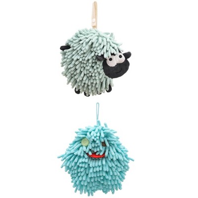 REGALWOVEN 2 Packs Cute Sheep Shape Absorbent Fast Drying Chenille Hand Towels with Hanging Loop 7" x 7"