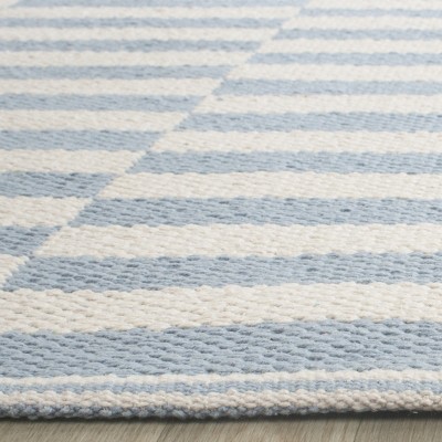 Ivory and Light Blue Striped Cotton Flat Woven Rug