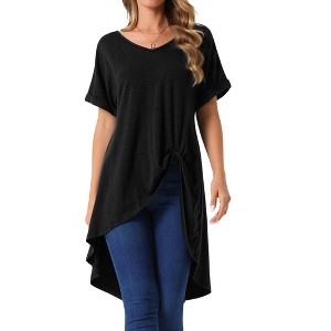 INSPIRE CHIC Women's Short Sleeve High Low Waist Knot Asymmetrical V Neck Dressy Casual Blouse - 1 of 4