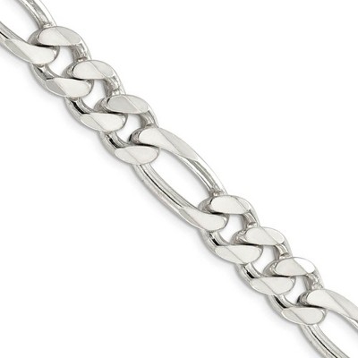 Black Bow Jewelry Men's 10.5mm, Sterling Silver Pave Flat Figaro Chain Necklace