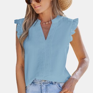 Women's Dreamy Ruffled Cap Sleeve V-Neck Creme Top - Cupshe - 1 of 4