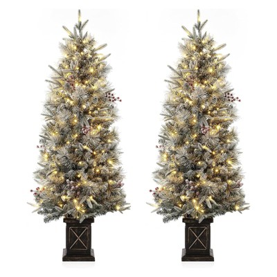 4.5 Ft Artificial Christmas Tree with 200 Warm White  Lights and Red Berries Potted Base Holiday Xmas Tree