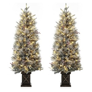 4.5 Ft Artificial Christmas Tree with 200 Warm White  Lights and Red Berries Potted Base Holiday Xmas Tree - 1 of 4