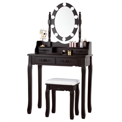 Tangkula Make-Up Vanity Table Dresser Set w/LED Light, Black Brown White