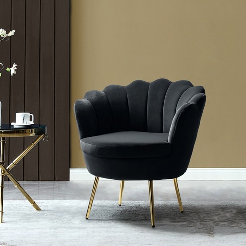 Yves Velvet Accent Barrel Chair with Golden Metal Legs Tufted Wooden Upholstery Karat Home black