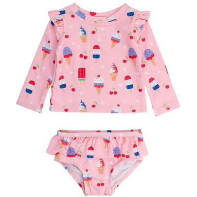 RuffleButts Toddler Girls UPF50+ Skirted Flutter Long Sleeve Rash Guard Bikini