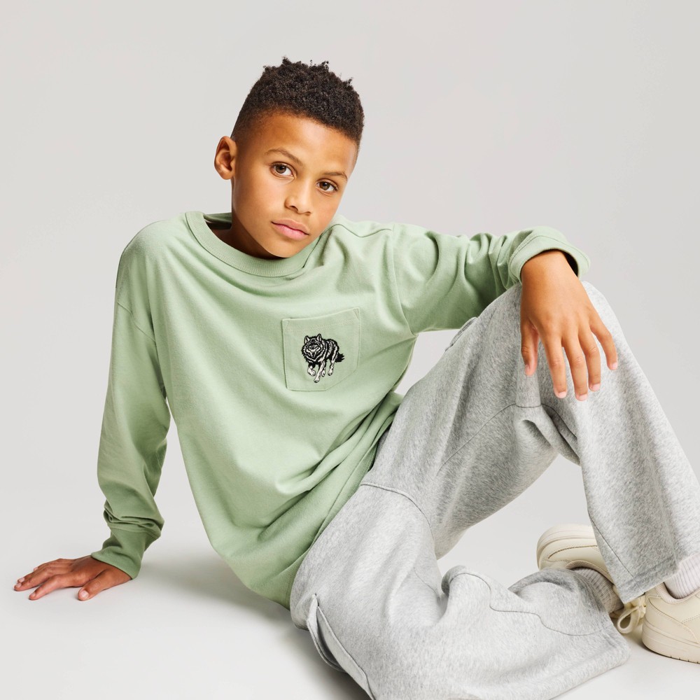 Boys' Long Sleeve 100% Cotton Relaxed Fit Embroidered Pocket T-Shirt - Cat & Jack™ Sage Green XS