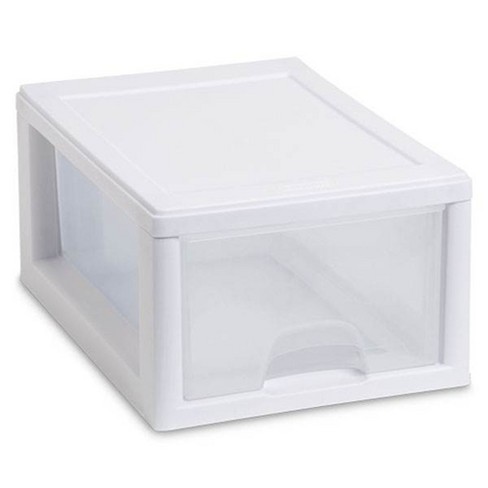 Sterilite 27 Qt Stacking Storage Drawer, Stackable Plastic Bin Drawer to  Organize Shoes and Clothes in Home Closet, White with Clear Drawer, 16-Pack