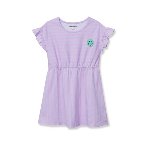 Lands' End Kids Short Sleeve Gathered Waist Tunic Top - X-Large - Purple Stripe Smiley Face