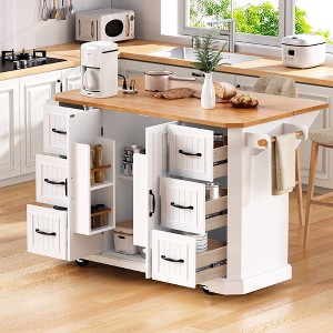 ORRD 56" White Kitchen Island w/Drop Leaf, Power Outlet, 6 Drawers, 4 Door Shelves, Wheels, Rubber Wood Veneer, Embossed Stripe Cart - 1 of 4