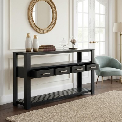 Homy Casa Console Table, Black – 4-Drawer Wood Console Table with Open Shelf