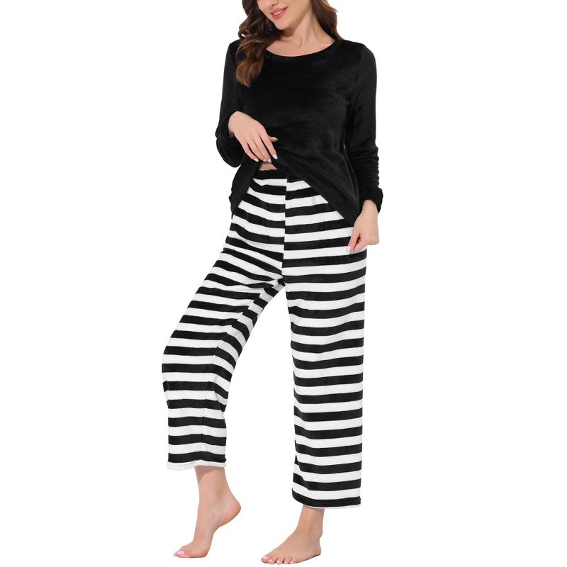 cheibear Womens Sleepwear Flannel Lounge with Stripped Pants Winter Long Sleeve Pajama Set, 1 of 6
