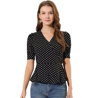 INSPIRE CHIC Women's Dots Print Tie Waist Ruffle Hem V Neck Wrap Peplum Shirts