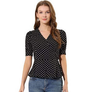 INSPIRE CHIC Women's Dots Print Tie Waist Ruffle Hem V Neck Wrap Peplum Shirts - 1 of 4
