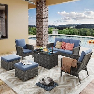 Patio Furniture Set 6 Peices with 44" Propane Gas Fire Pit Table, Outdoor Sectional Furniture Conversation Sofa Set with Cushion for Porch Backyard - 1 of 4