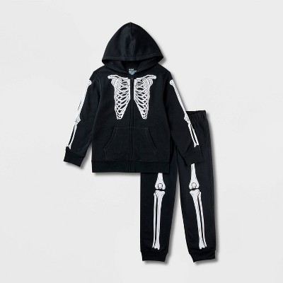 Kids' Adaptive Halloween Skeleton Fleece Hoodie and Jogger Pants Set - Cat & Jack™ Black