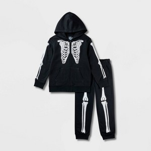 Kids' Adaptive Halloween Skeleton Fleece Hoodie and Jogger Pants Set - Cat & Jack™ Black - 1 of 4