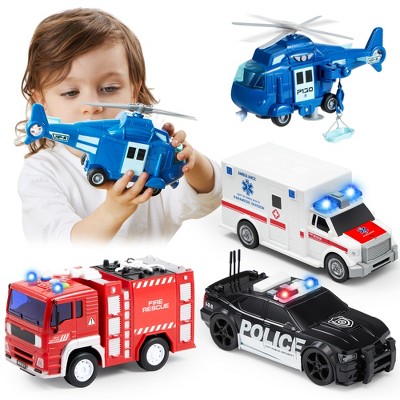 Joyfy 4Pcs Emergency Vehicle Toy Set – Friction-Powered Fire Truck, Ambulance, Police Car, and Helicopter with Lights & Sounds, Gift for Toddler Boys