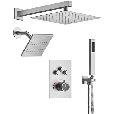 YAWWALK Thermostatic 7-Spray Shower System with Hand Shower, Wall Mount, 12" and 6", 2.5 GPM, Brushed Nickel (Valve Included)